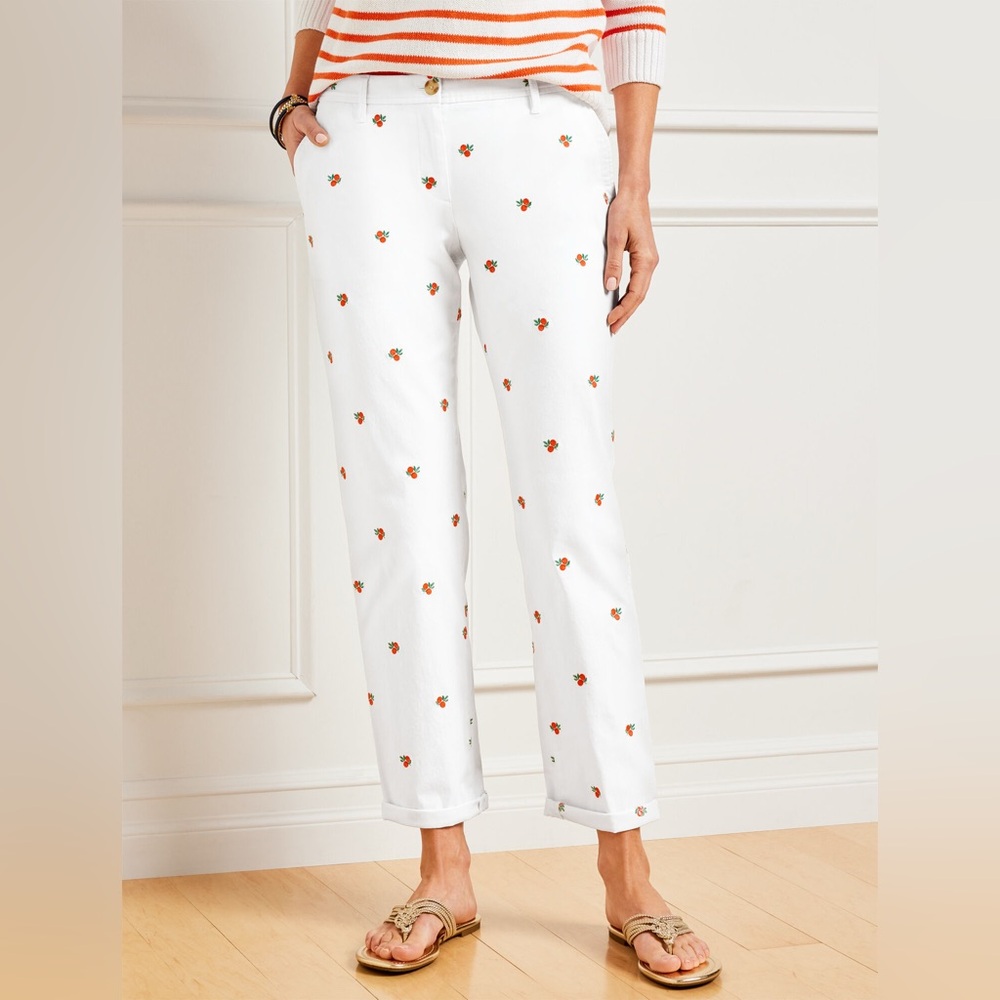 Embroidered Oranges Cropped Chino Pants - White